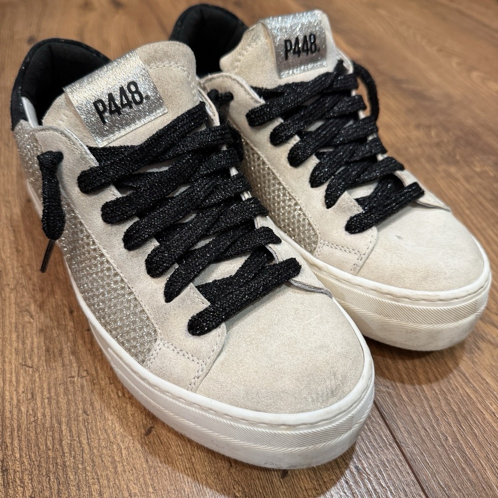 P448 Thea  White Leather Mesh Sneakers Sparkles Women's EU Size 39 US Size 8.5